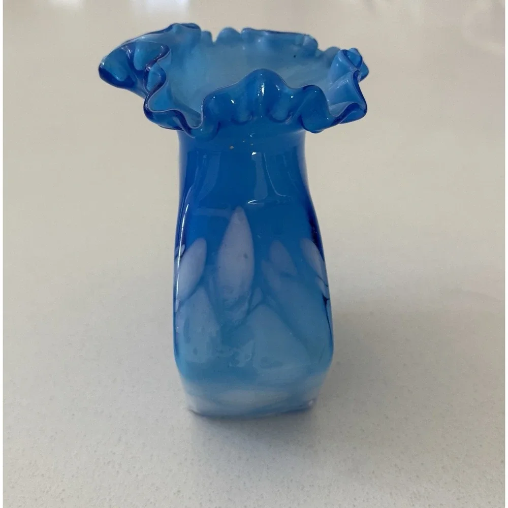 Vintage Handblown Splatter Vase‎ Ruffled Bright Sky Blue White Accents